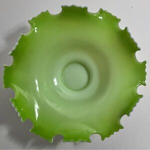 Antique VICTORIAN GLASS Bride’s Basket Bowl / CHARTREUSE GREEN / 6 Inches Wide
